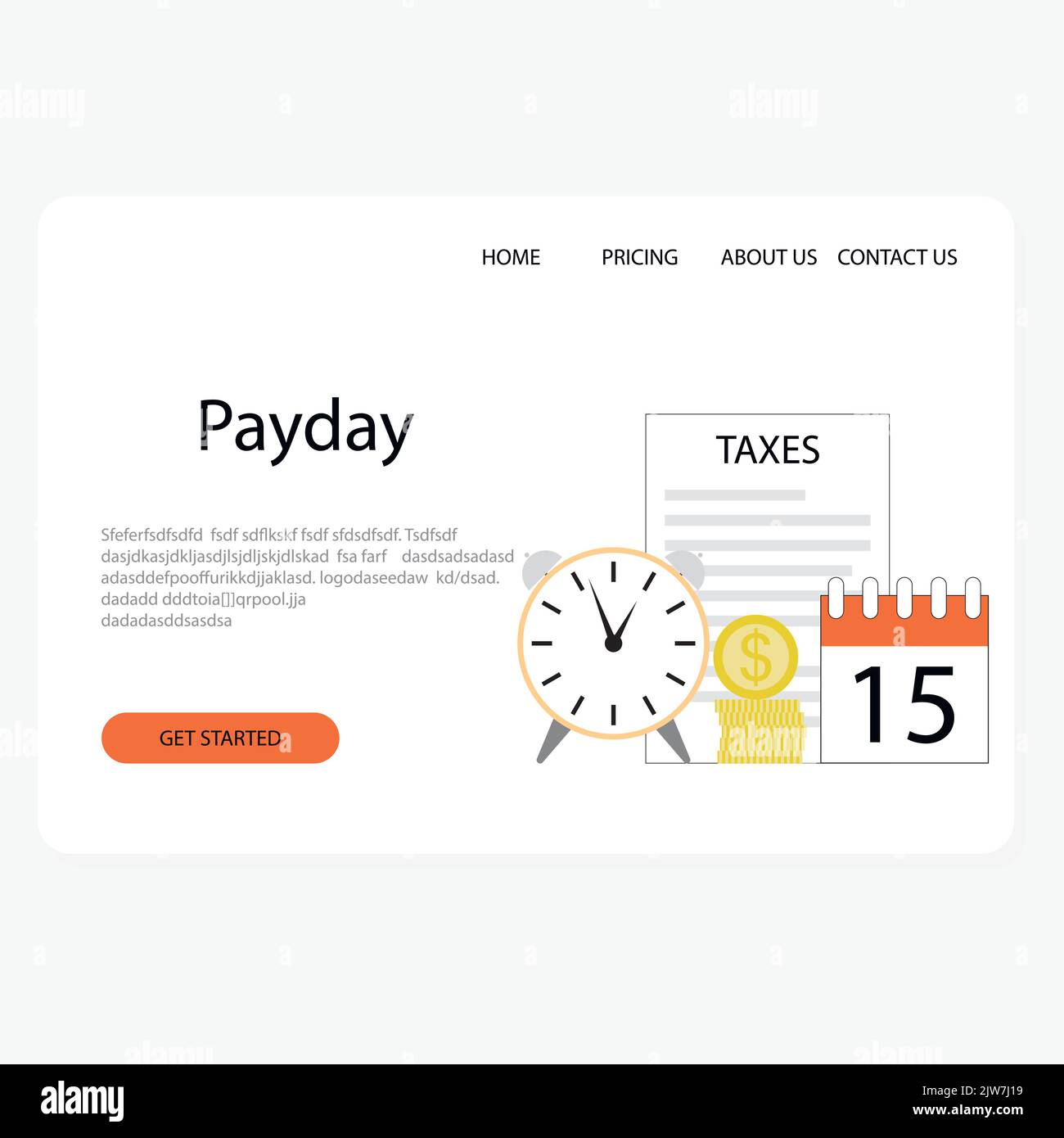 Payday landing page, time to payment tax salary and wages. Vector illustration. Payment calendar, employment budget, money concept, company data repor Stock Vector