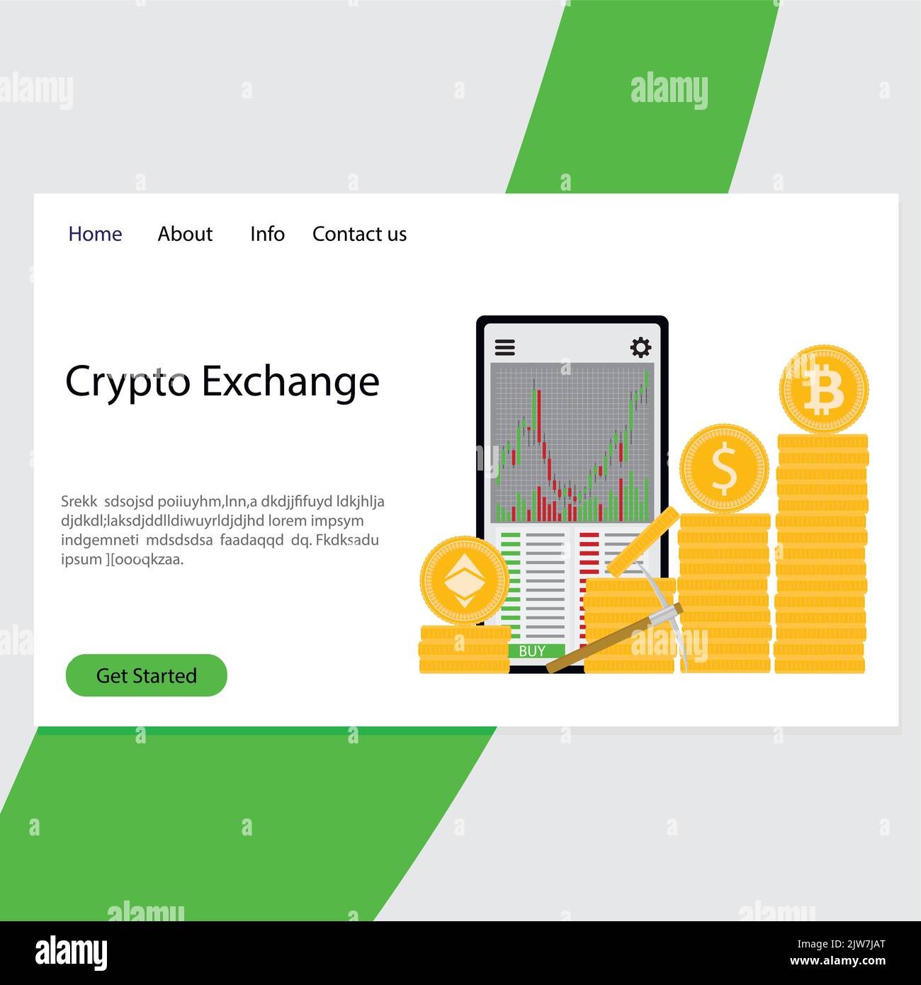 Crypro exchange landing page, currency market online to trading. Vector illustration. Earn spot, cryptography online exchange, crypto pay, network ban Stock Vector