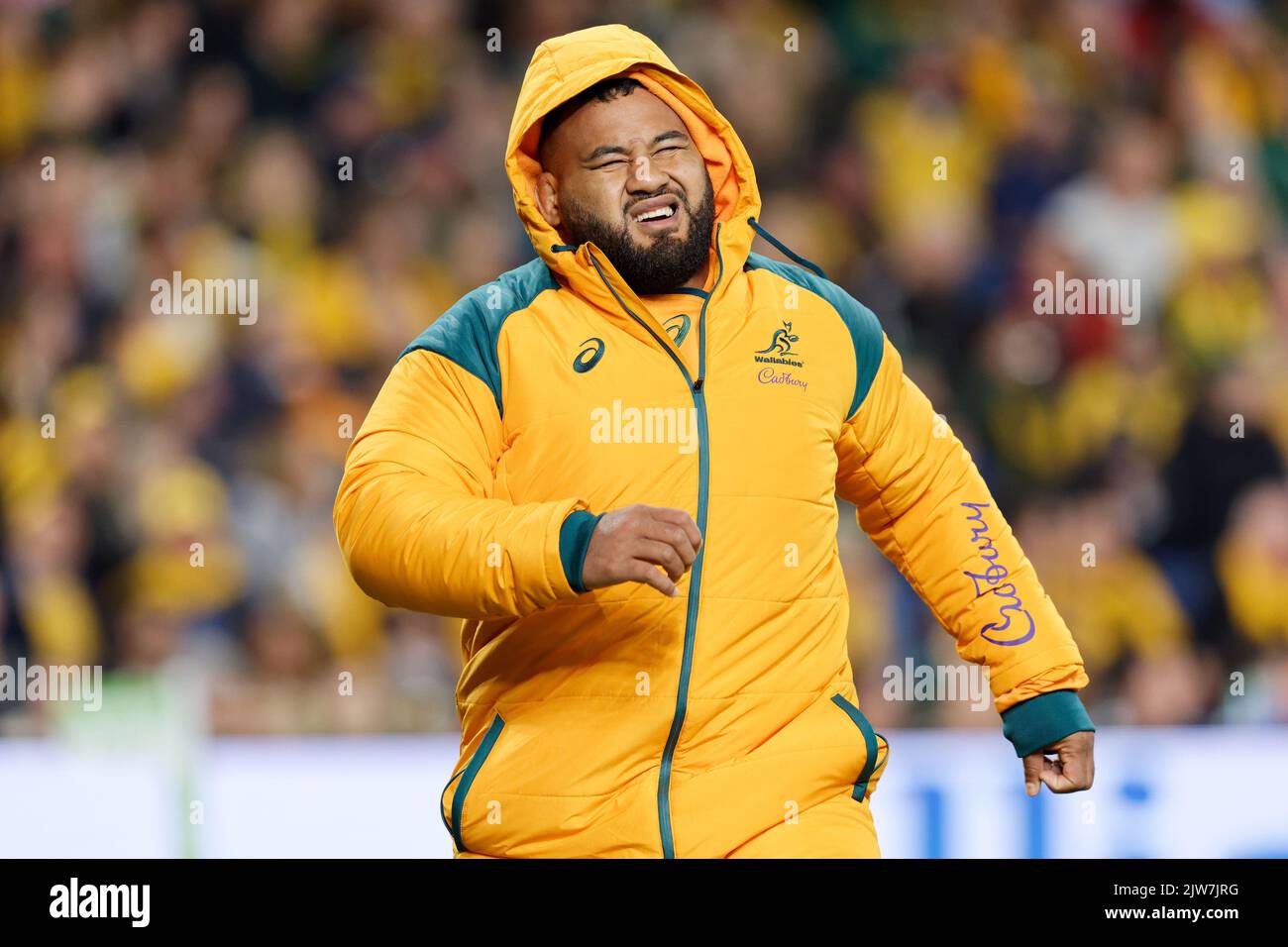 SYDNEY, AUSTRALIA - SEPTEMBER 3: Taniela Tupou of Australia warms up during The Rugby Championship match between the Australia Wallabies and South Afr Stock Photo
