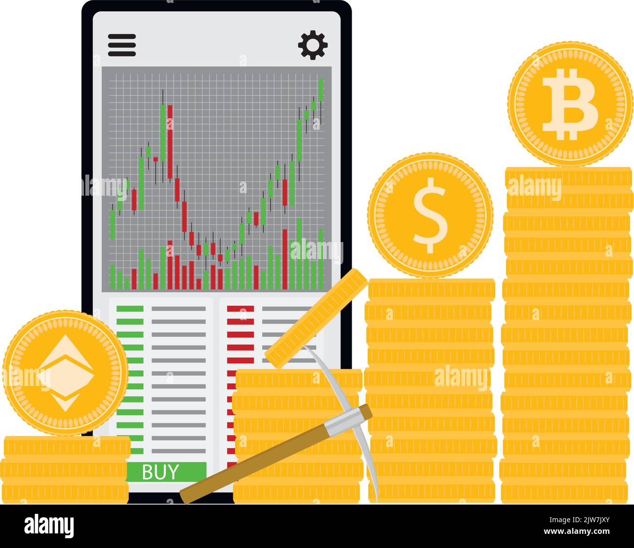 Cryptocurrency exchange earn money as trader, mobile application to get income. Vector illustration. Virtual bank concept, cryptocurrency mobile appli Stock Vector