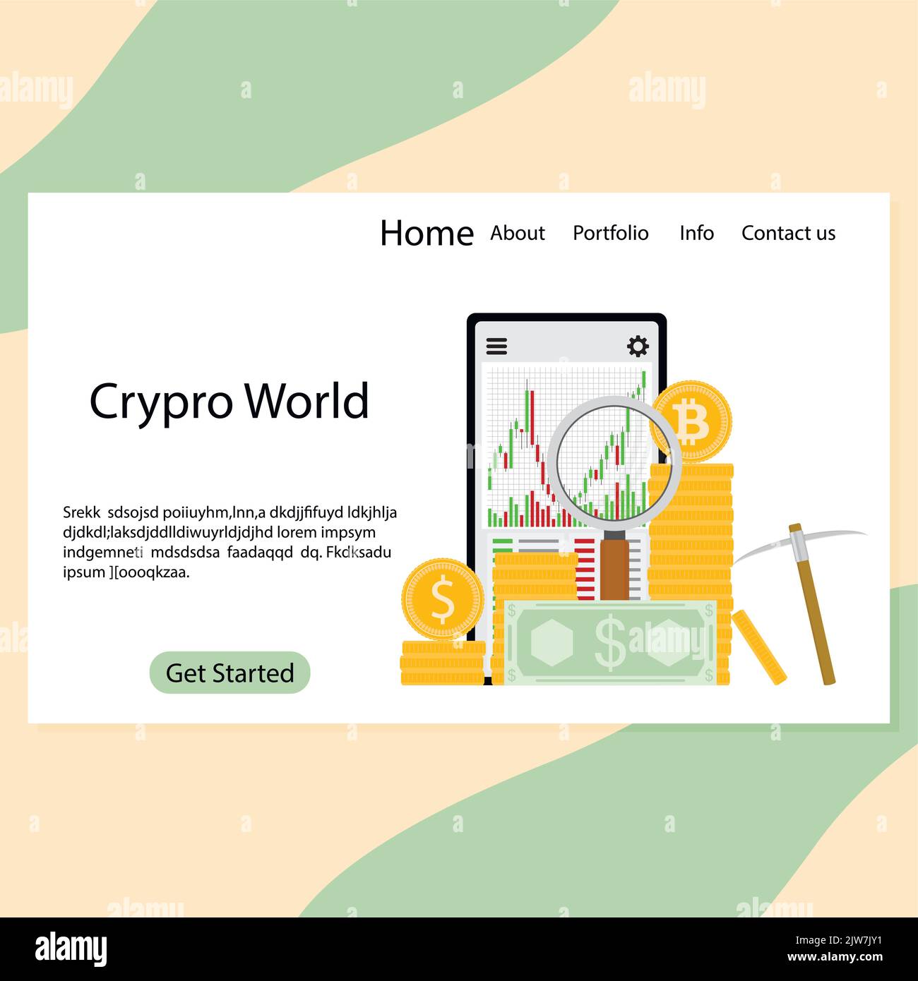 Landing page of crypto world, analysis market and trading. Vector illustration. Crypto world layout site, coin mining and exchange, online bank transa Stock Vector