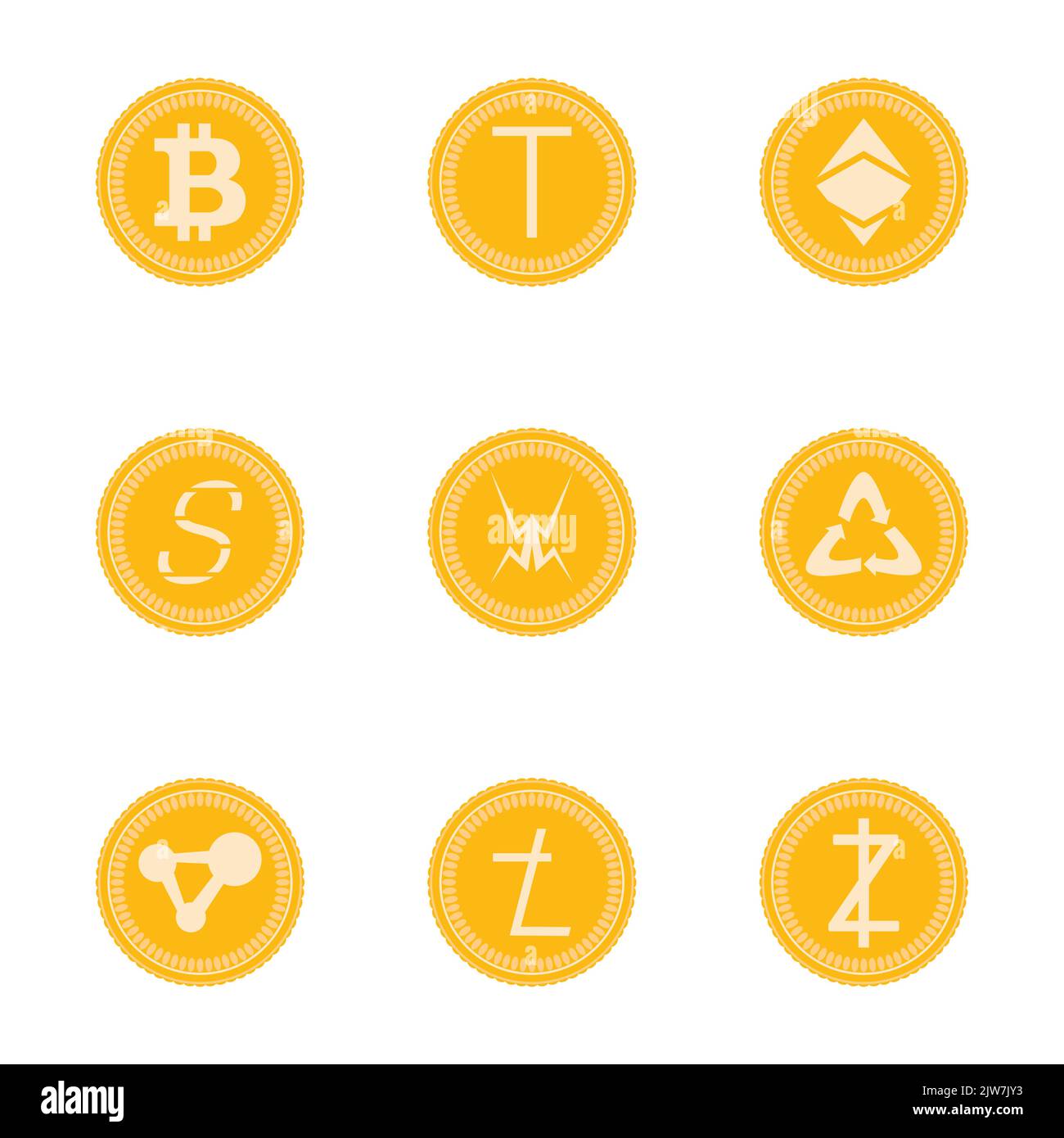 Collection of cryptocurrency coins, crypto money and assets. Vector illustration. Crypto currency payment, electronic gold coin, trade mining concept, Stock Vector