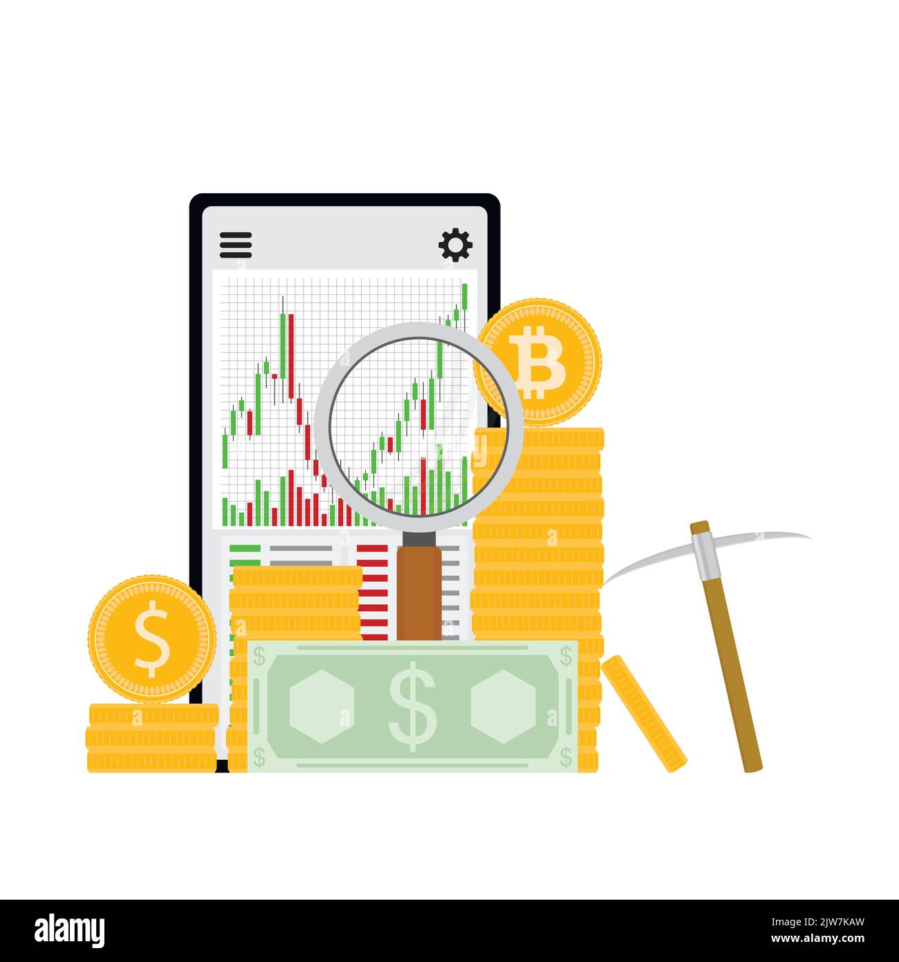 Mining and crypto exchange, trading and cryptocurrency market, analysis of bar chart. Vector illustration. Golden web coin mining, didgital exchange, Stock Vector