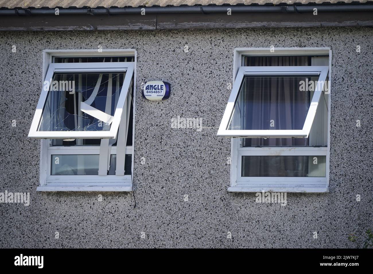 A damaged window at the scene in the Rossfield Estate in Tallaght