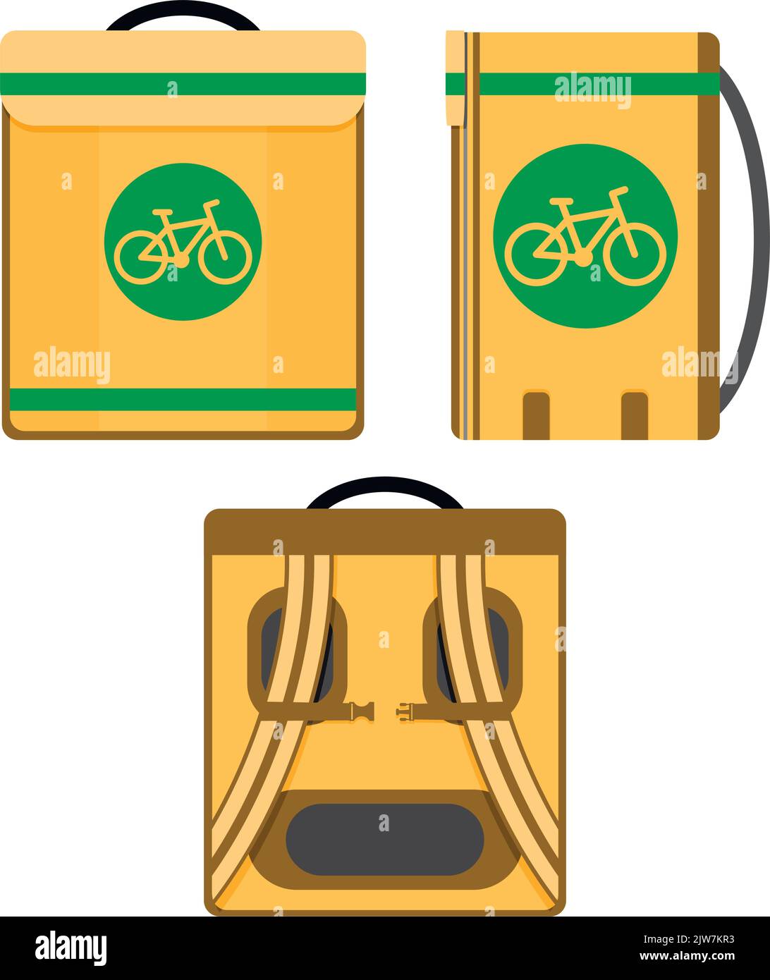 Box of courier for fast delivery and keep warm, eco shipping by bicycle. Vector illustration. Goods modern dilivery, cycle ride person, transportation Stock Vector
