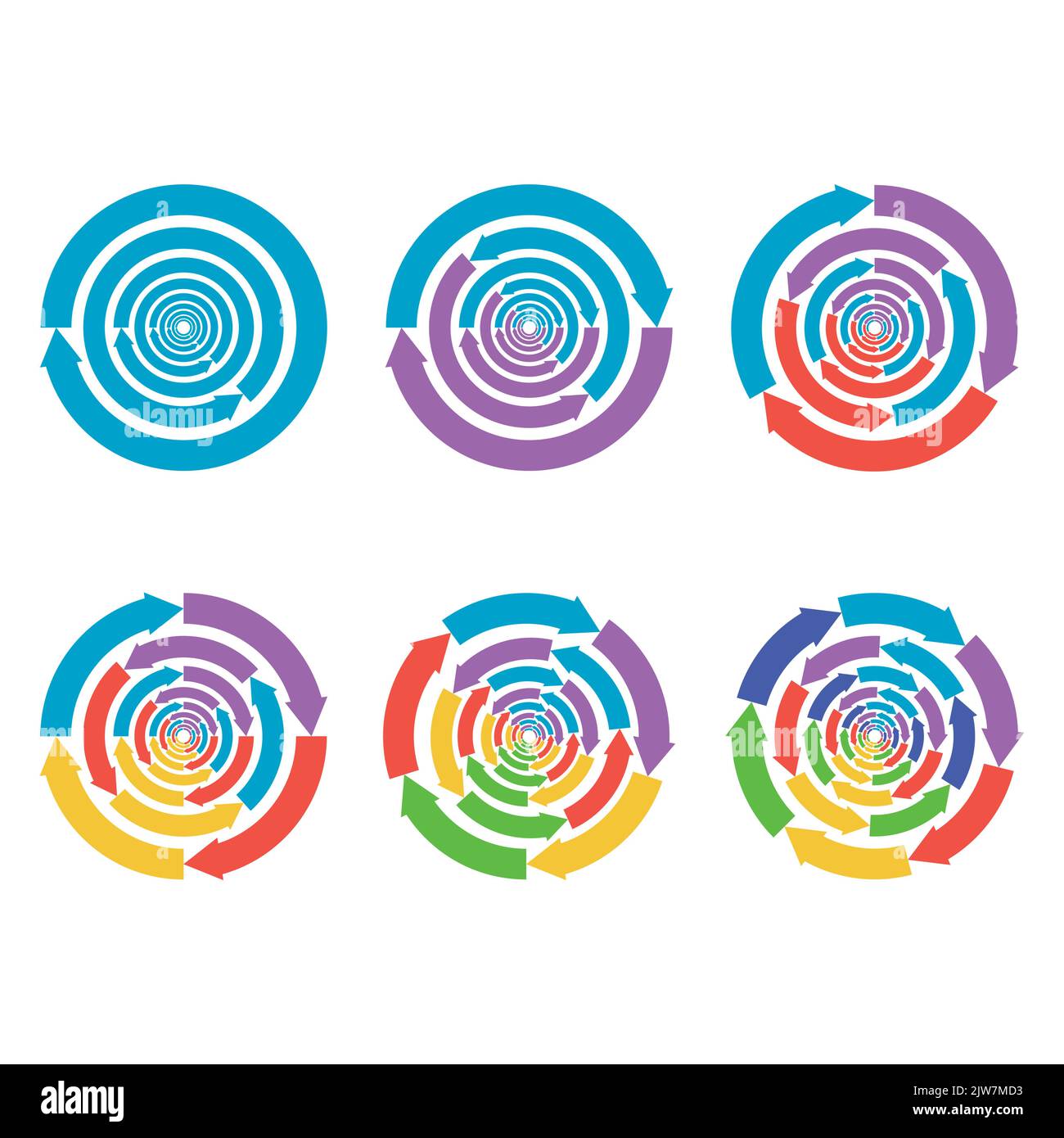 Swirl arrow whirlpool and vortex, weather cyclones set, direction way. Vector illustration. Vortex loop, curved clip-art, colorful creative whirl, rot Stock Vector
