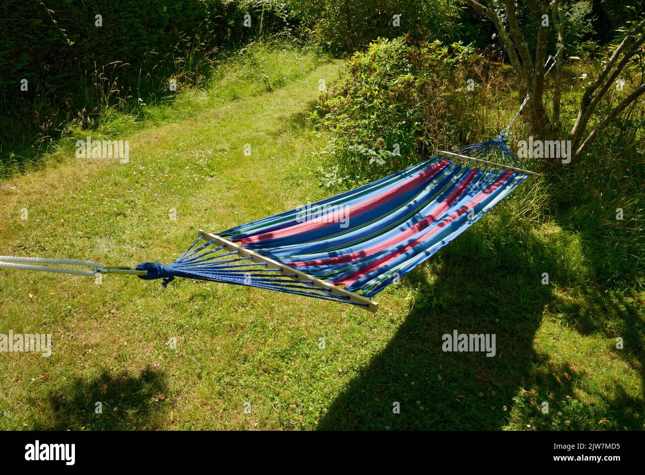 A garden hammock in summer. Relax in suspended comfort in a soft fabric hammock in dappled sunlight. Stock Photo