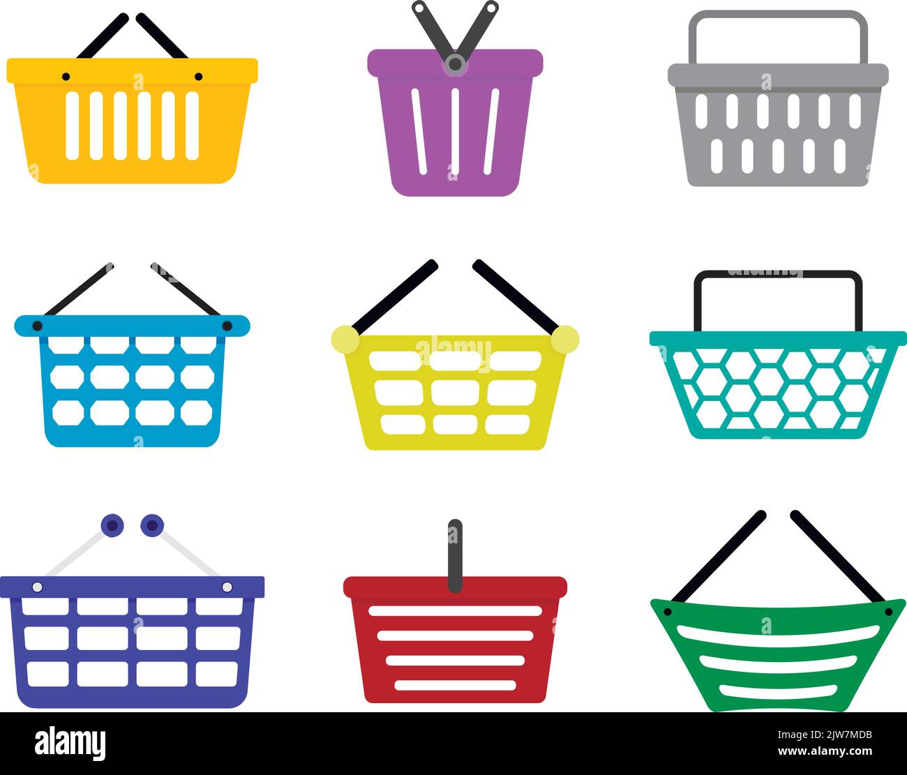 Baskets for shopping mall, bags to supermarket store and grocery. Vector illustration. Supermarket shopping cart, hybermarket commerce symbol, realist Stock Vector