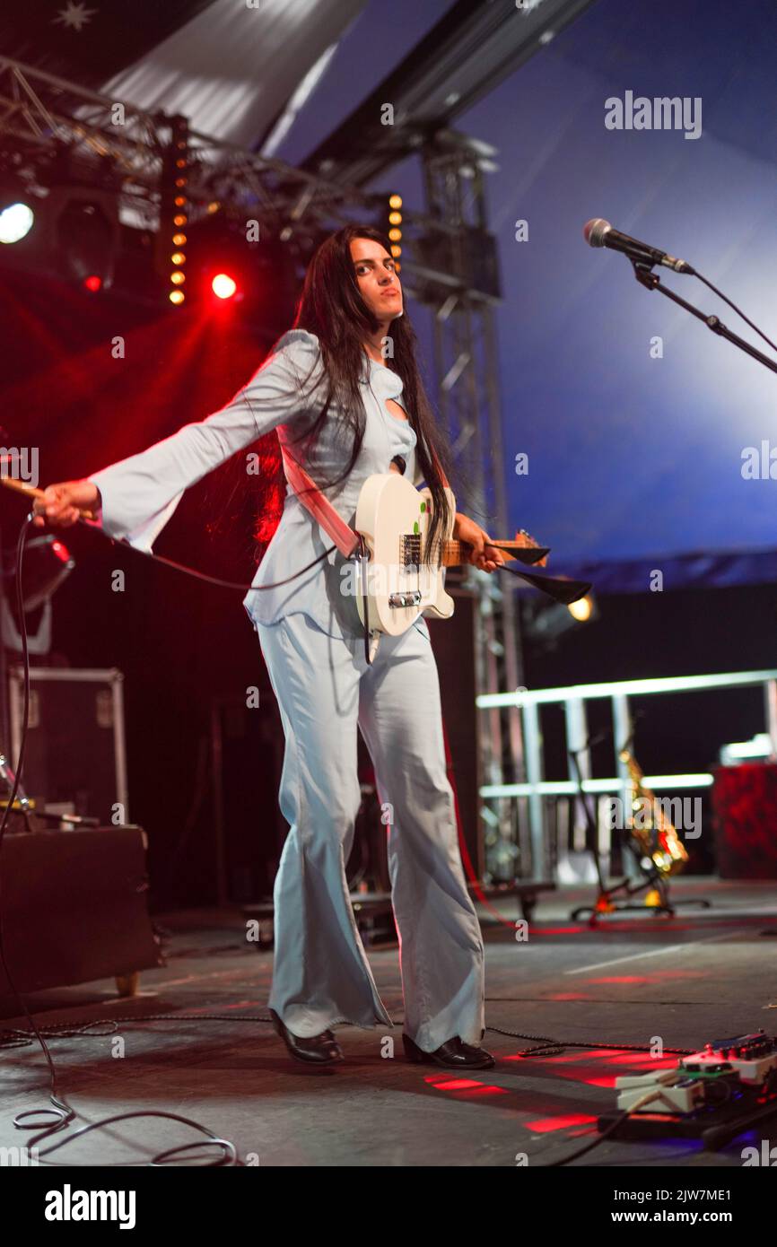 Dorset, UK. Saturday, 3 September, 2022. Sophie Harris of Modern Woman performing at the 2022 edition of the End of the Road festival at Larmer Tree Gardens in Dorset. Photo date: Saturday, September 3, 2022. Photo credit should read: Richard Gray/Alamy Live News Stock Photo