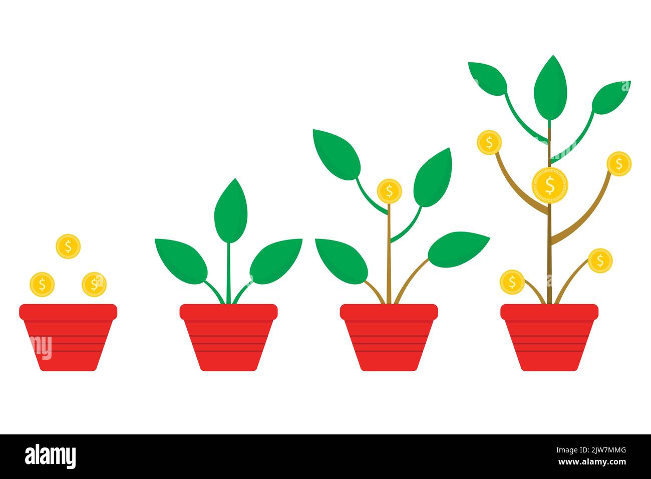 Invest money and grow capital, money tree growth, pick financial harvest. Vector illustration. First capital profit, gold savings, deposit currency, b Stock Vector