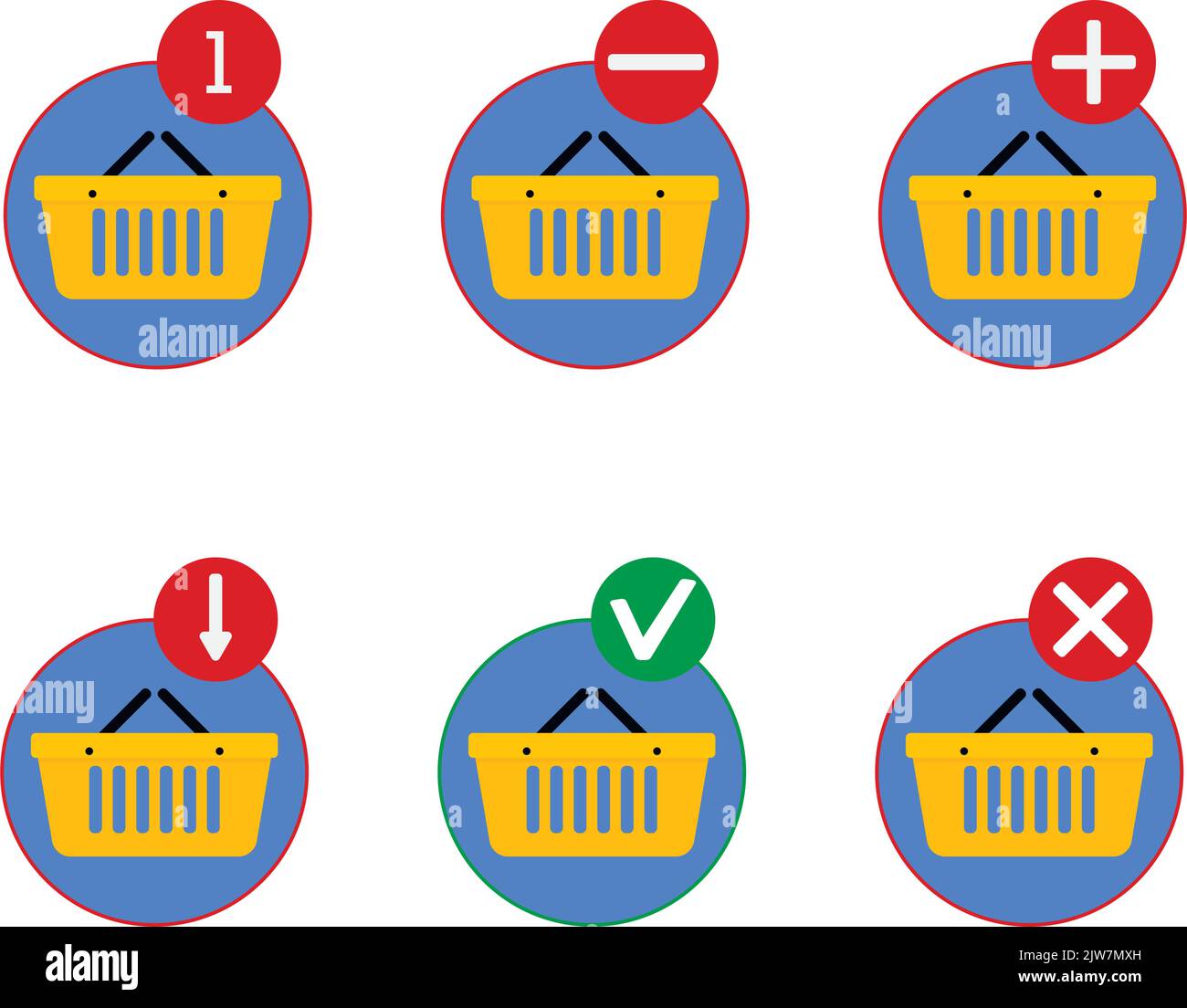 Shopping icons with basket to add or remove, check and review item in bag. UI to shop application. Vector illustration. Shopping basket review, check Stock Vector