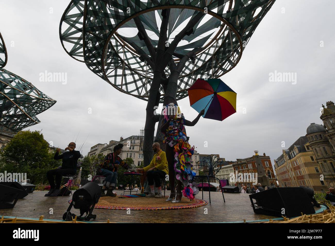 Birmingham, UK, 2nd September 2022, At the opening of PoliNations, a garden in Birmingham’s Victoria Square hosting a 17-day festival of free events exploring how migration and cross-pollination have shaped the UK. The garden, produced by Trigger, is made up of five 40ft high tree installations and over 6,000 plants, including marigolds grown by local community groups., Andrew Lalchan Photography/Alamy Live News Stock Photo