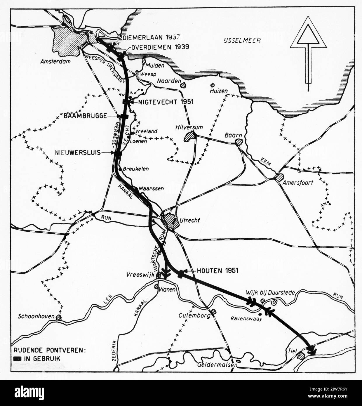 Map of the river basin of the Amsterdam-Rhine Canal, with signed the Rene Pontveren in use in the provinces of Noord-Holland and Utrecht. Stock Photo