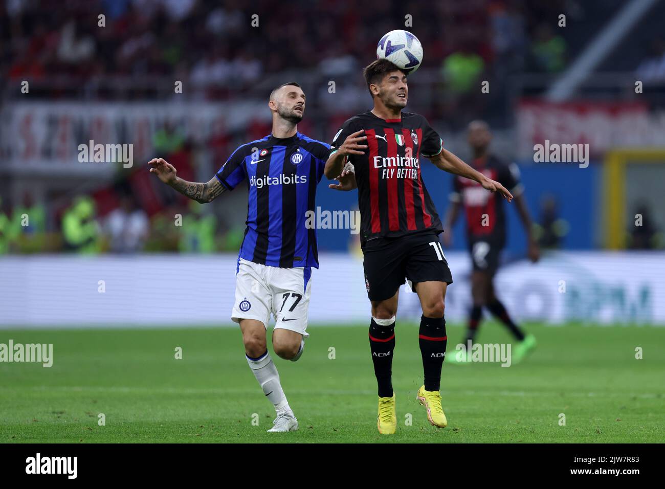 Marcelo Brozovic of Fc Internazionale and Brahim Diaz of Ac Milan  battle for the ball during the  Serie A match beetween Ac Milan and Fc Internazionale at Stadio Giuseppe Meazza on September 3, 2022 in Milano, Italy . Stock Photo