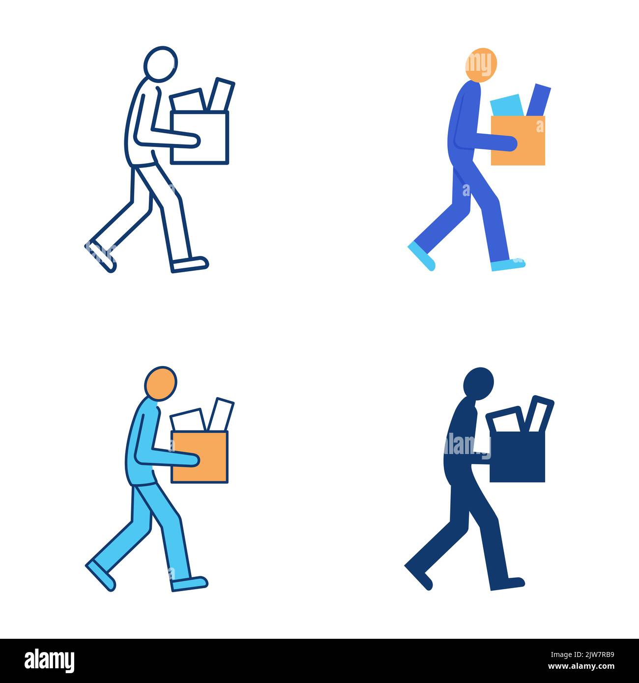 Dismissed man with box icon set in flat and line style. Fired man carrying box with things. Vector illustration. Stock Vector