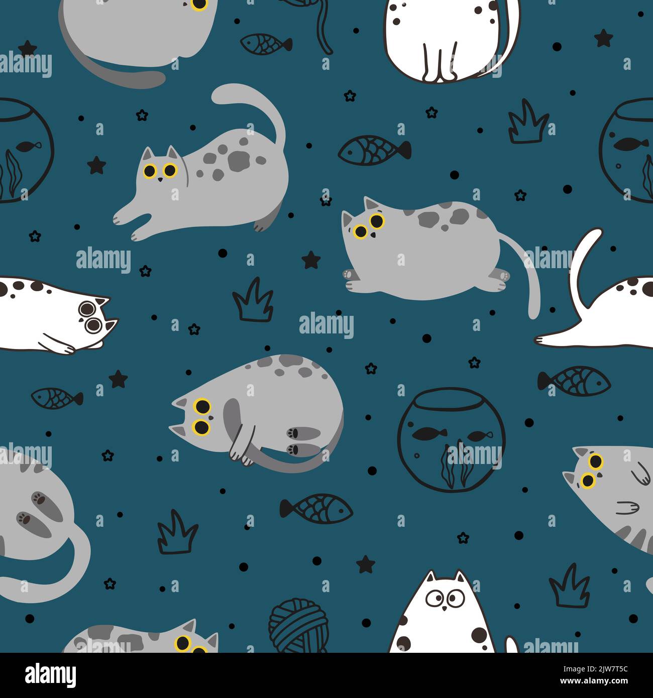 Cute Cartoon Cat Vector Icons, Seamless Pattern and Background Stock ...