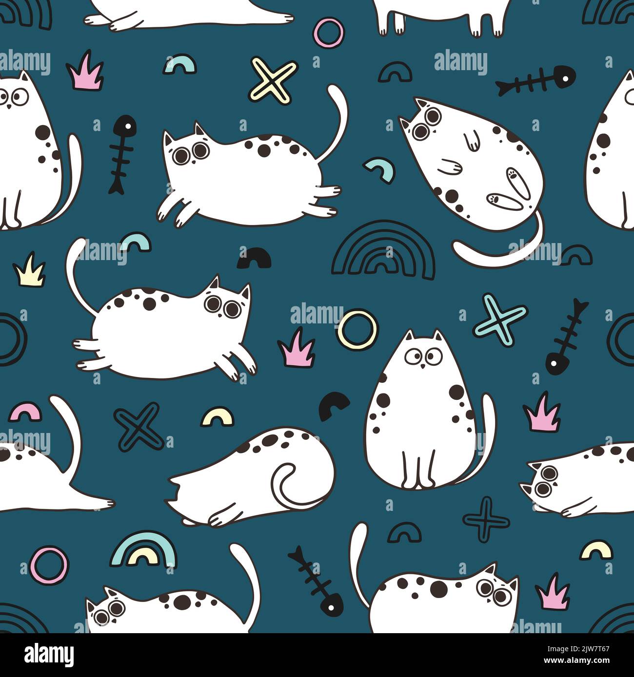 Cute Cartoon Cat Vector Icons, Seamless Pattern and Background Stock ...