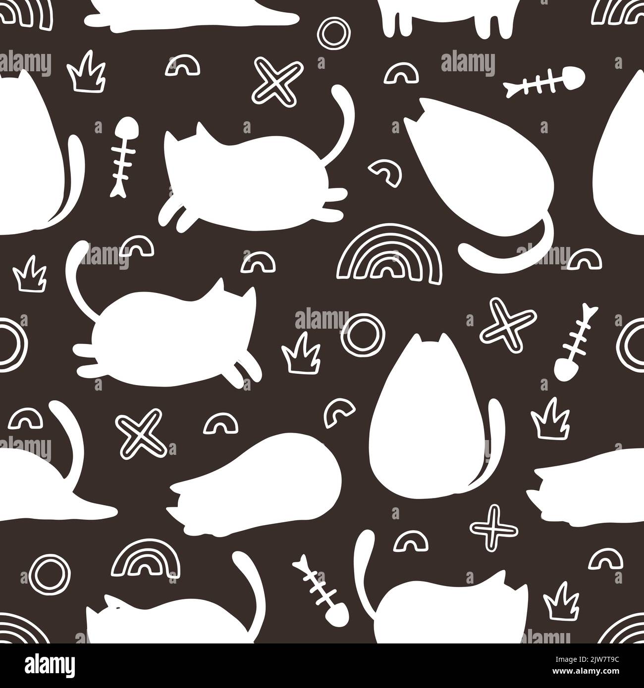 Cute Cartoon Cat Vector Icons, Seamless Pattern and Background Stock ...