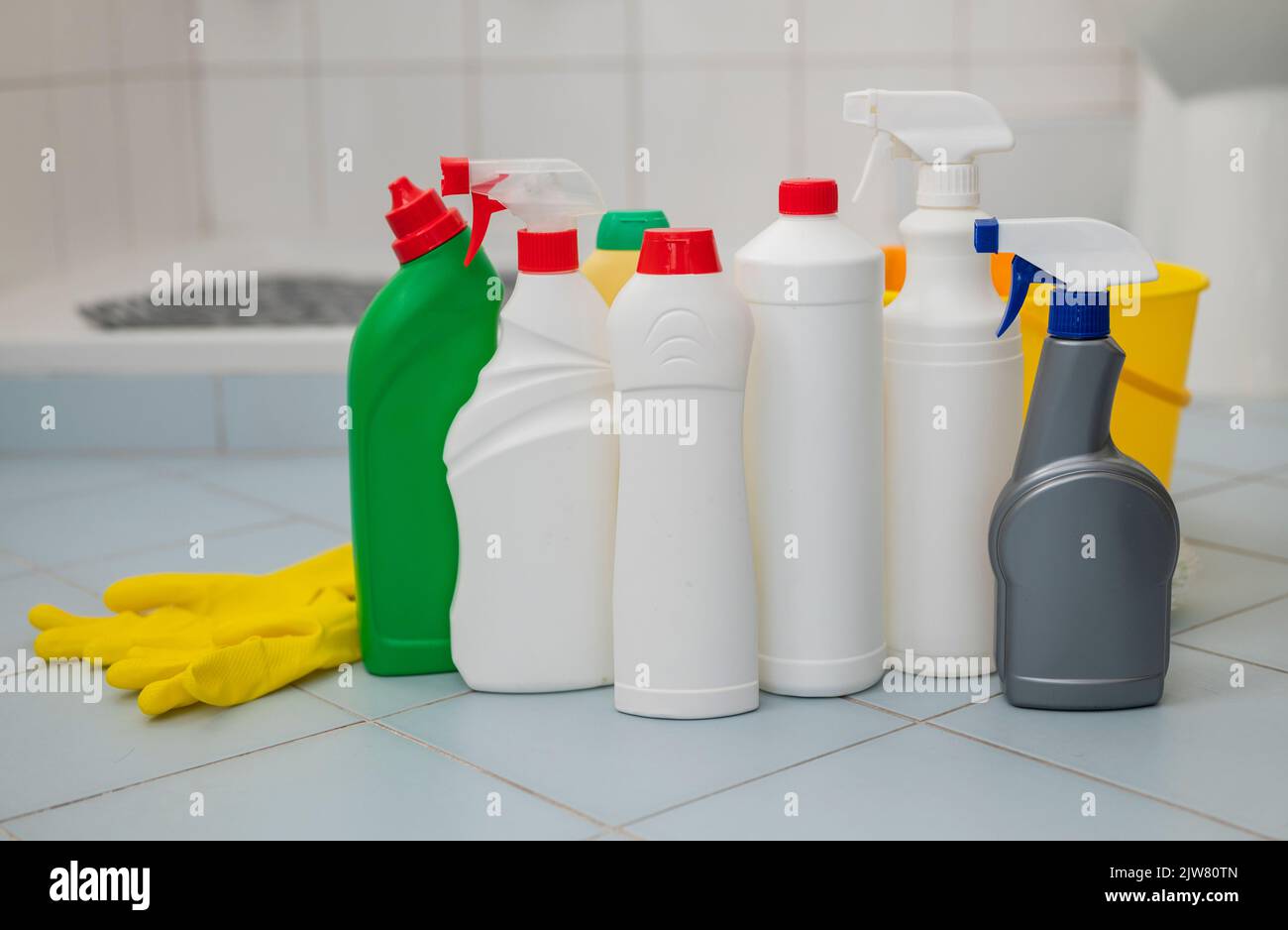 washing disinfectants for cleaning in bottles in the bathroom Stock Photo