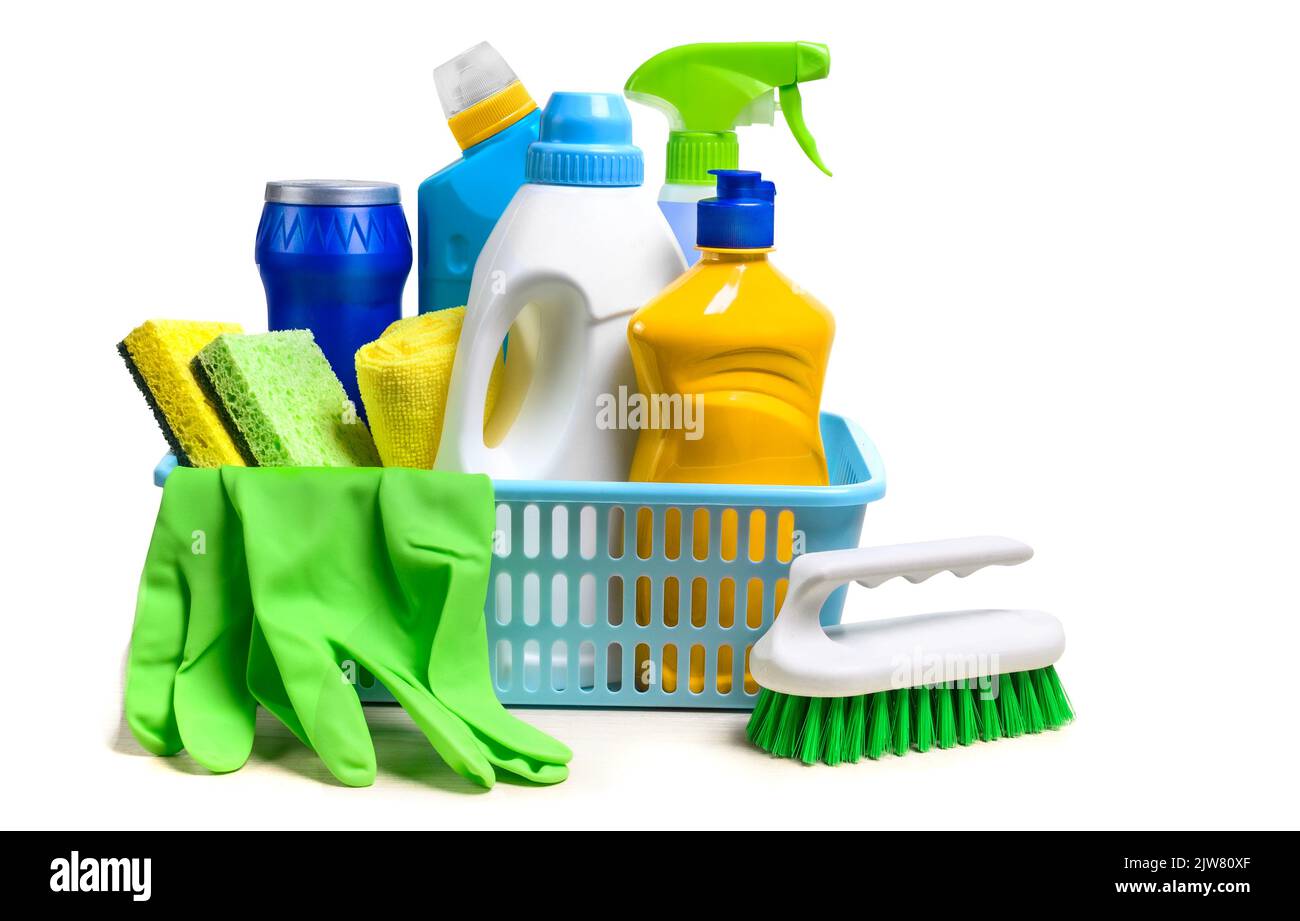 Cleaning supplies in plastic box on white background Stock Photo