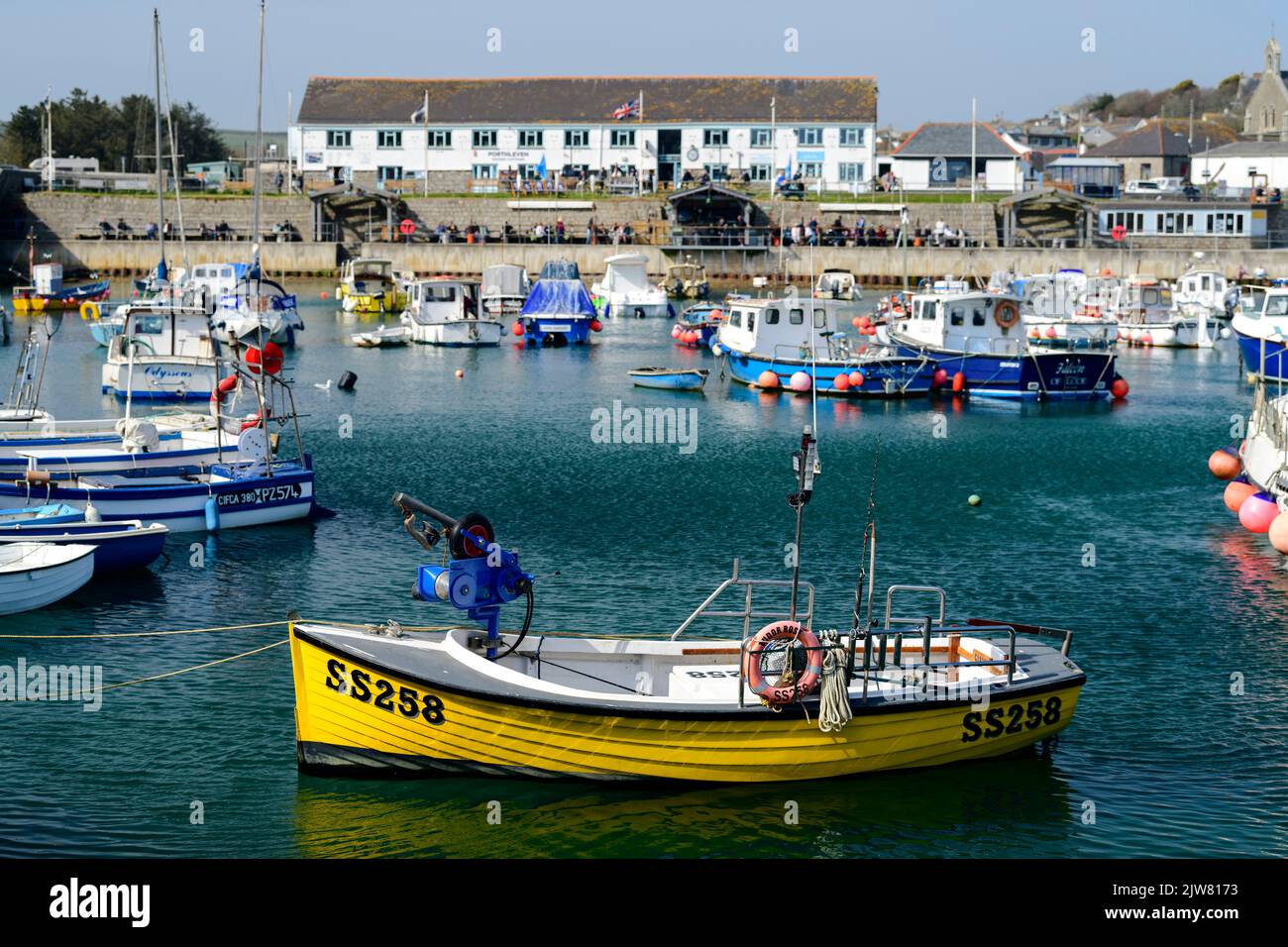 The beautiful fishing village of Porthleven. Viewing the harbour and its fishing's boats. Stock Photo