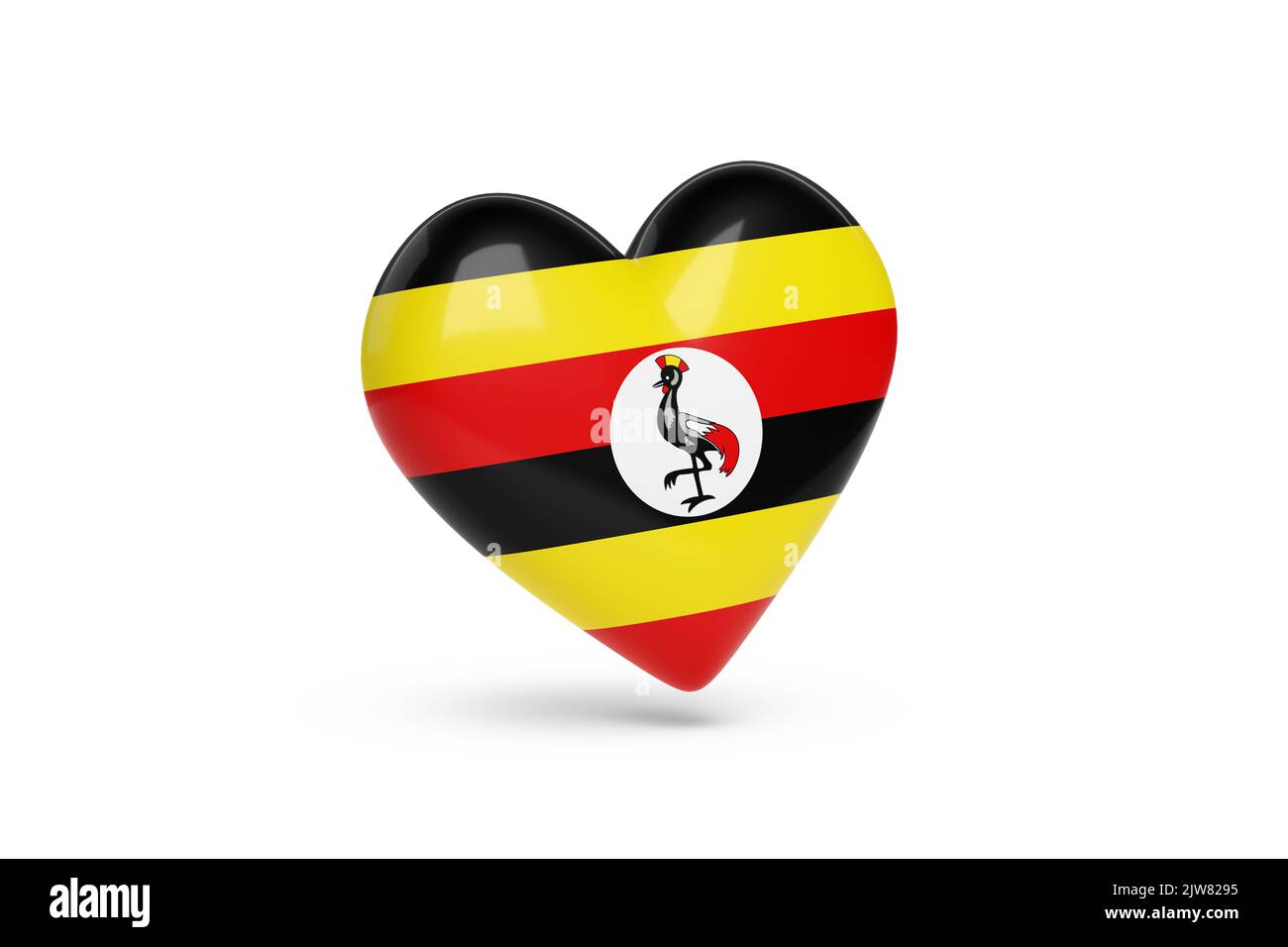 Heart with the colors of flag of Uganda isolated on white background. 3d illustration. Stock Photo