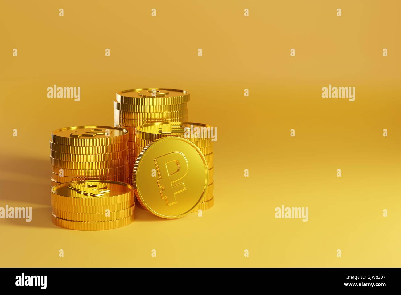 Golden coins with ruble sign on yellow background with copy space. 3d illustration. Stock Photo