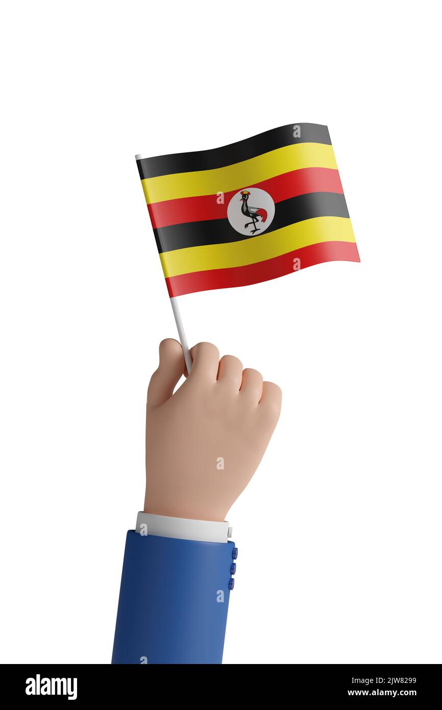 Cartoon hand with the flag of Uganda isolated on white background. 3d illustration. Stock Photo