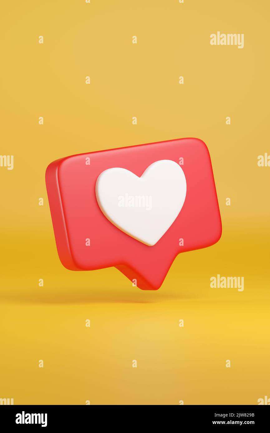 Heart in red speech bubble icon on yellow background. 3d illustration. Stock Photo