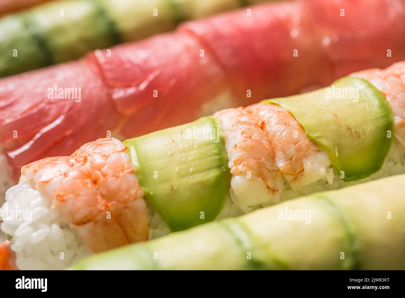 Set of japanese Traditional sushi rolls - close up. Stock Photo