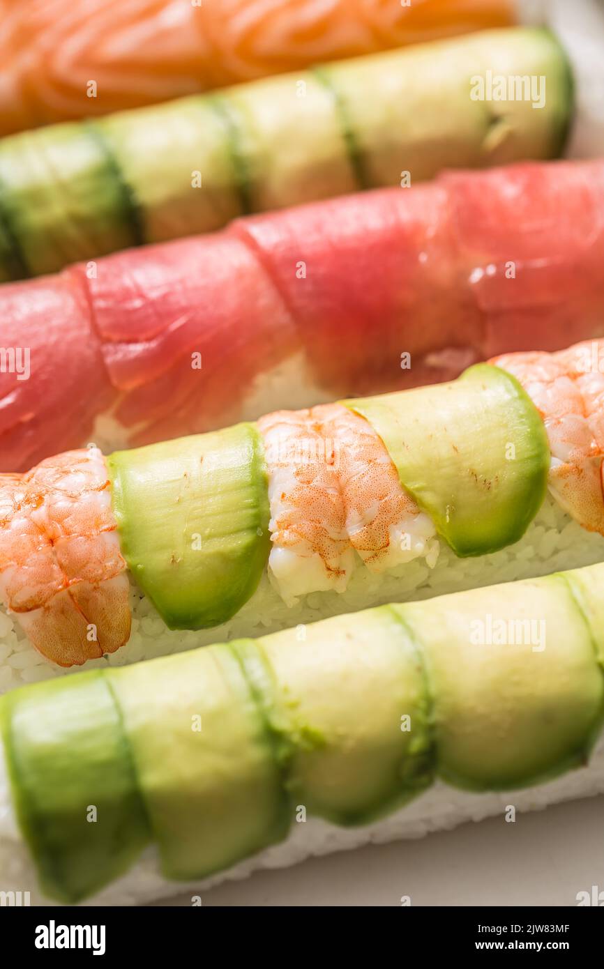Set of japanese Traditional sushi rolls - close up. Stock Photo