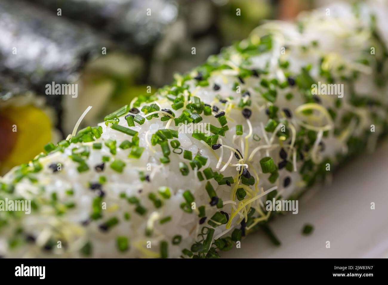 Japanese uramaki california rolled - Close up. Stock Photo
