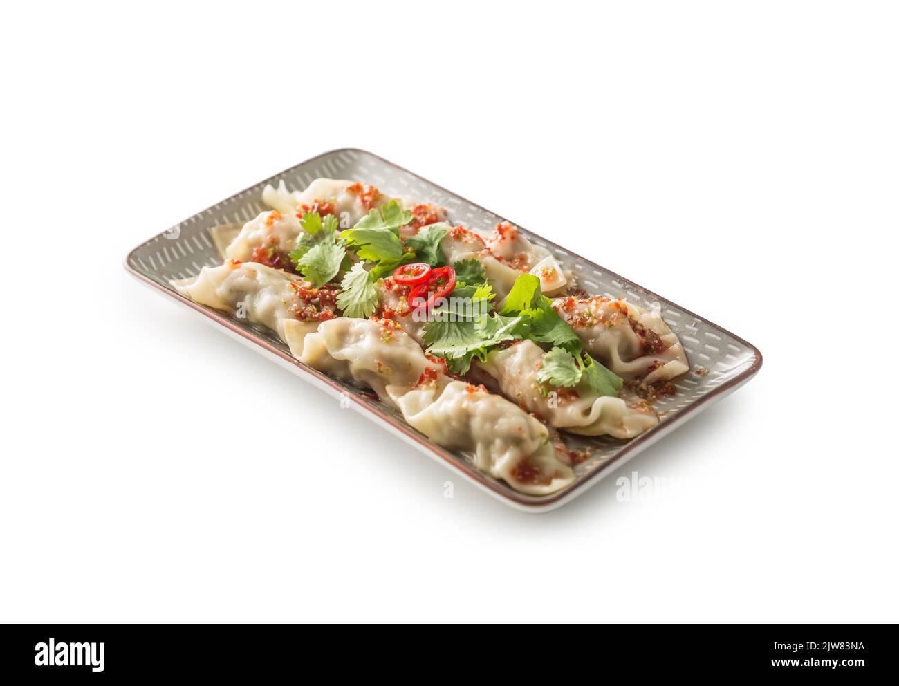 Traditional Japanese dumplings Gyoza on plate isolated on white. Stock Photo