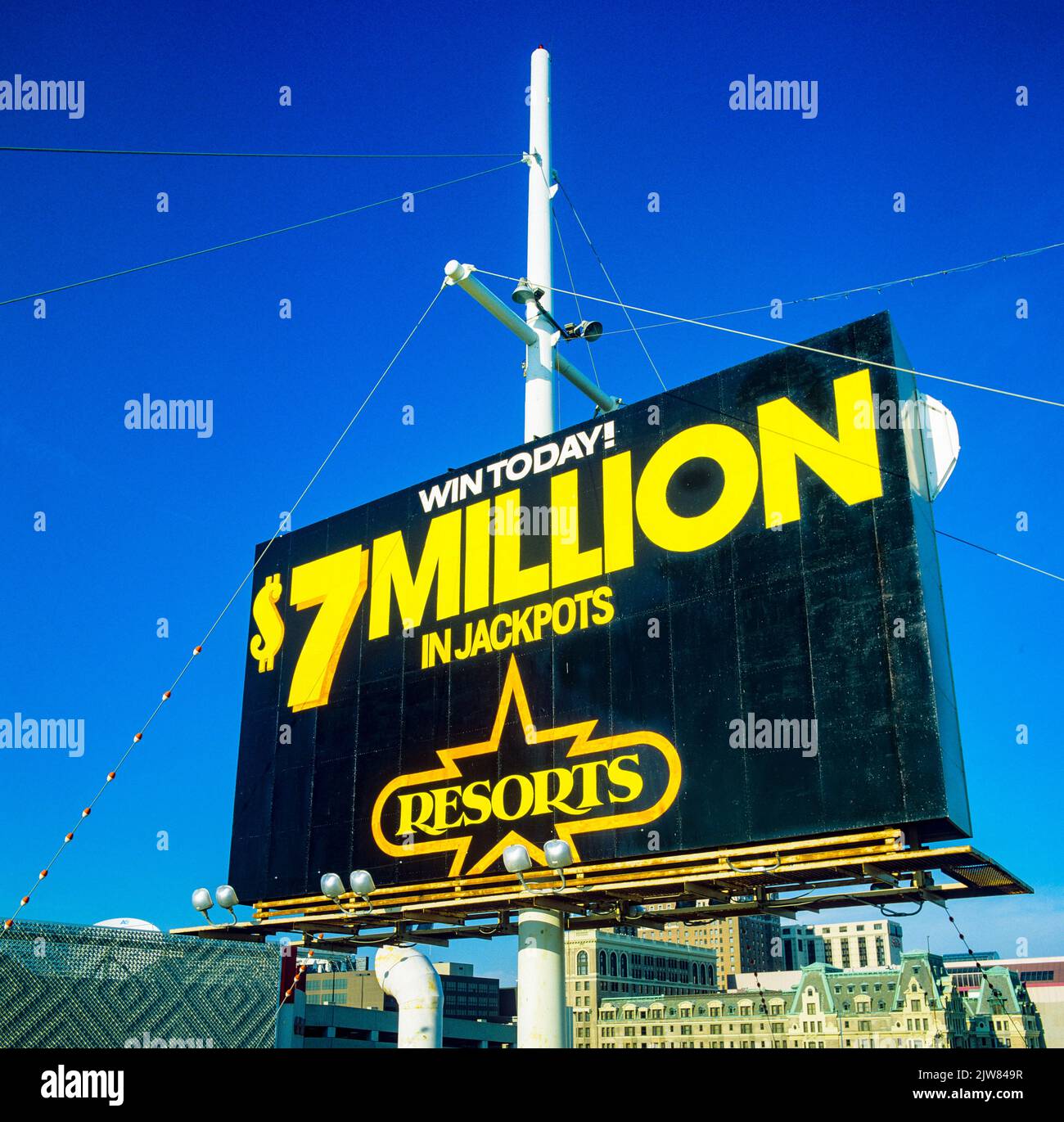 Atlantic City, 1980s, huge billboard, win today $ 7 Million in jackpots, casinos resorts, New Jersey state, NJ, USA, Stock Photo