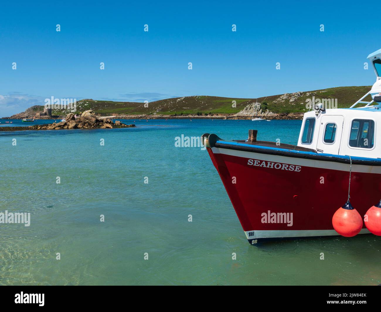 Seahorse inter-island boat on the quay, Bryher, Isles of Scilly, Cornwall, England, UK. Stock Photo