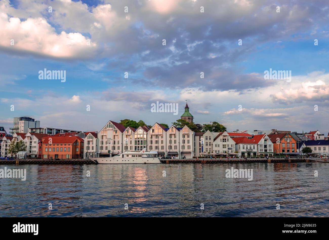 Stavanger, Norway - August 14 2022: View of Vagen, the original site of the city on the east shore of the bay, with Valberg Tower in the background. Stock Photo