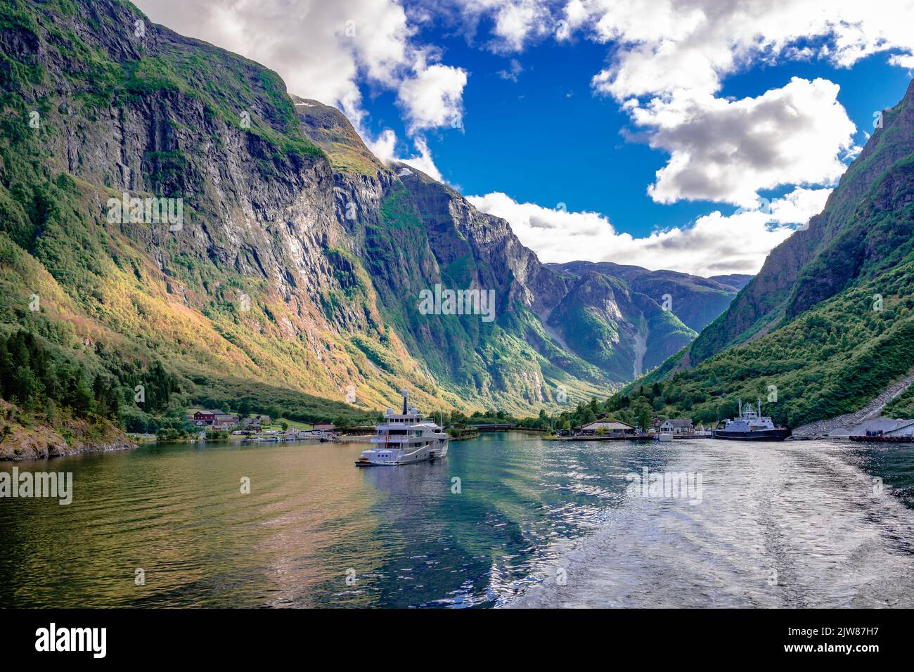 The beauty of the Aurlandsfjord in Vestland County, branch off of the main Sognefjorden, Norway's longest fjord.Flam is in the background. Stock Photo