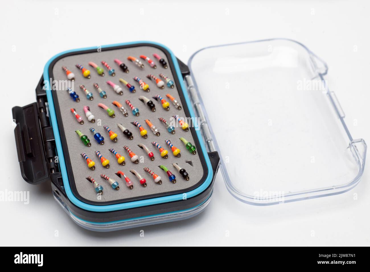 Plastic Box full off Fly Fishing Lures Stock Photo