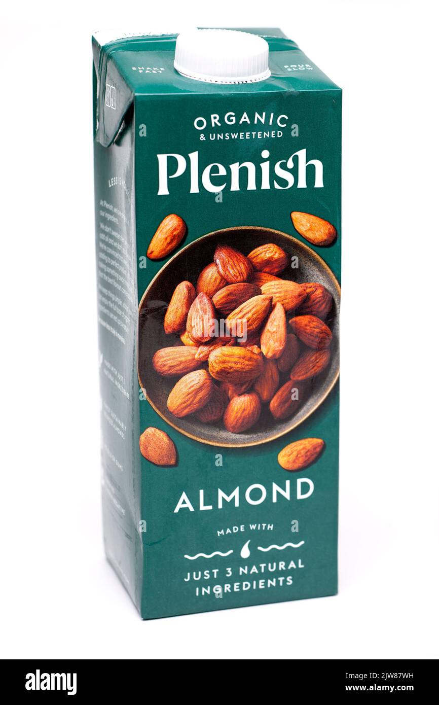 Container of Plenish Organic Unsweetened Almond Drink Stock Photo