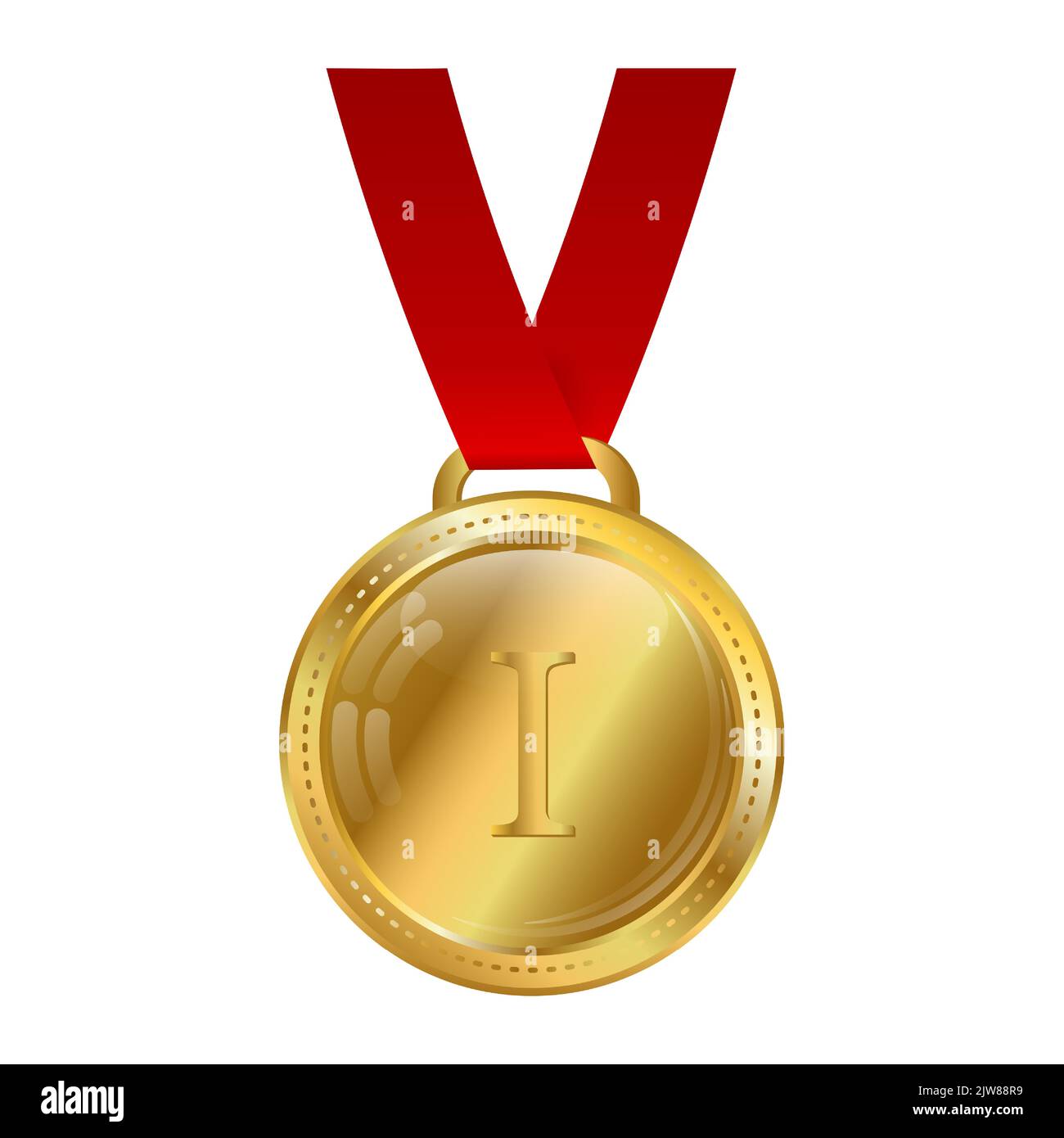 Gold medal with red ribbon isolated on white background. Award, prize for first place. Vector illustration. Stock Vector