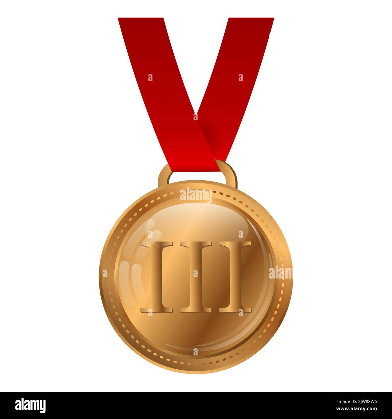 Bronze medal with red ribbon isolated on white background. Award, prize for third place. Vector illustration. Stock Vector