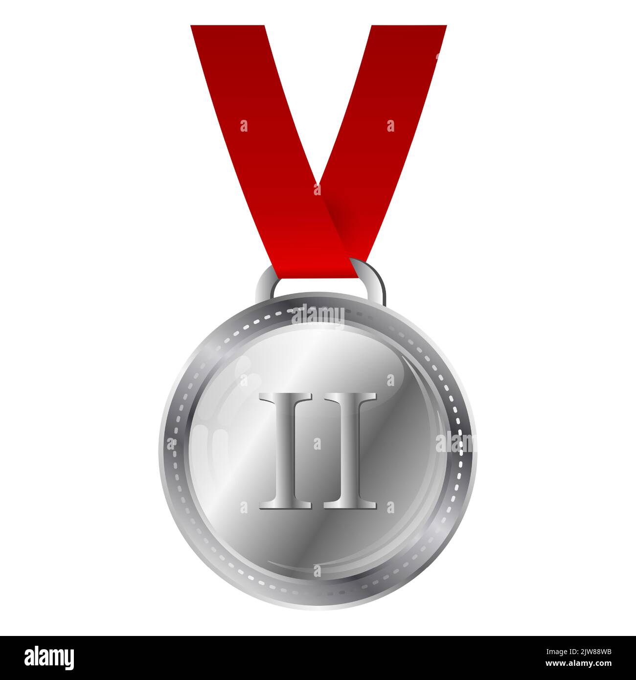 Silver medal with red ribbon isolated on white background. Award, prize for second place. Vector illustration. Stock Vector