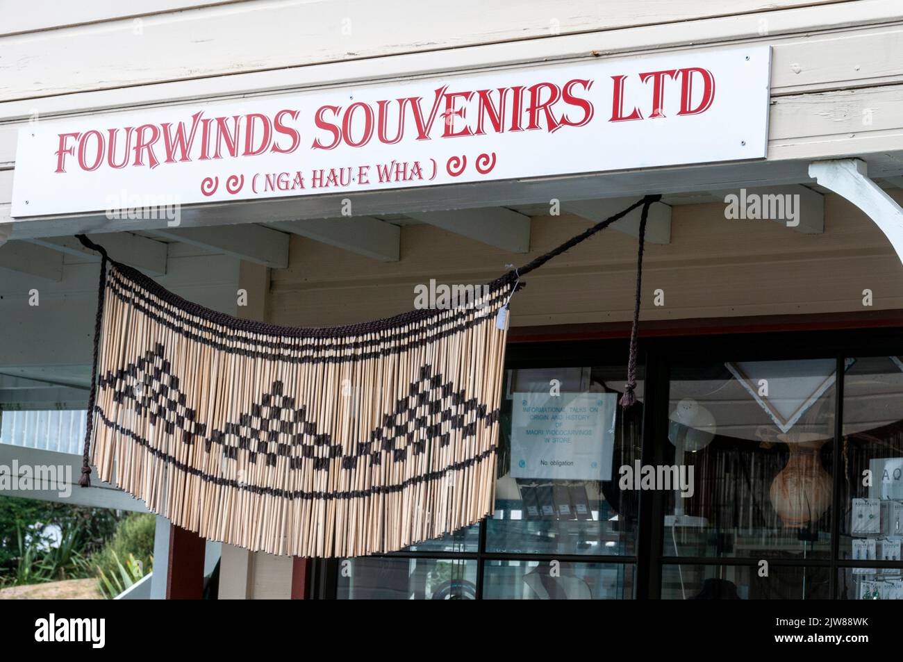 A Mario grass skirt on sale at a souvenir shop in New Zealand’s only living Maori village is set within the geothermal Whakarewarewa in Rotorua in the Stock Photo