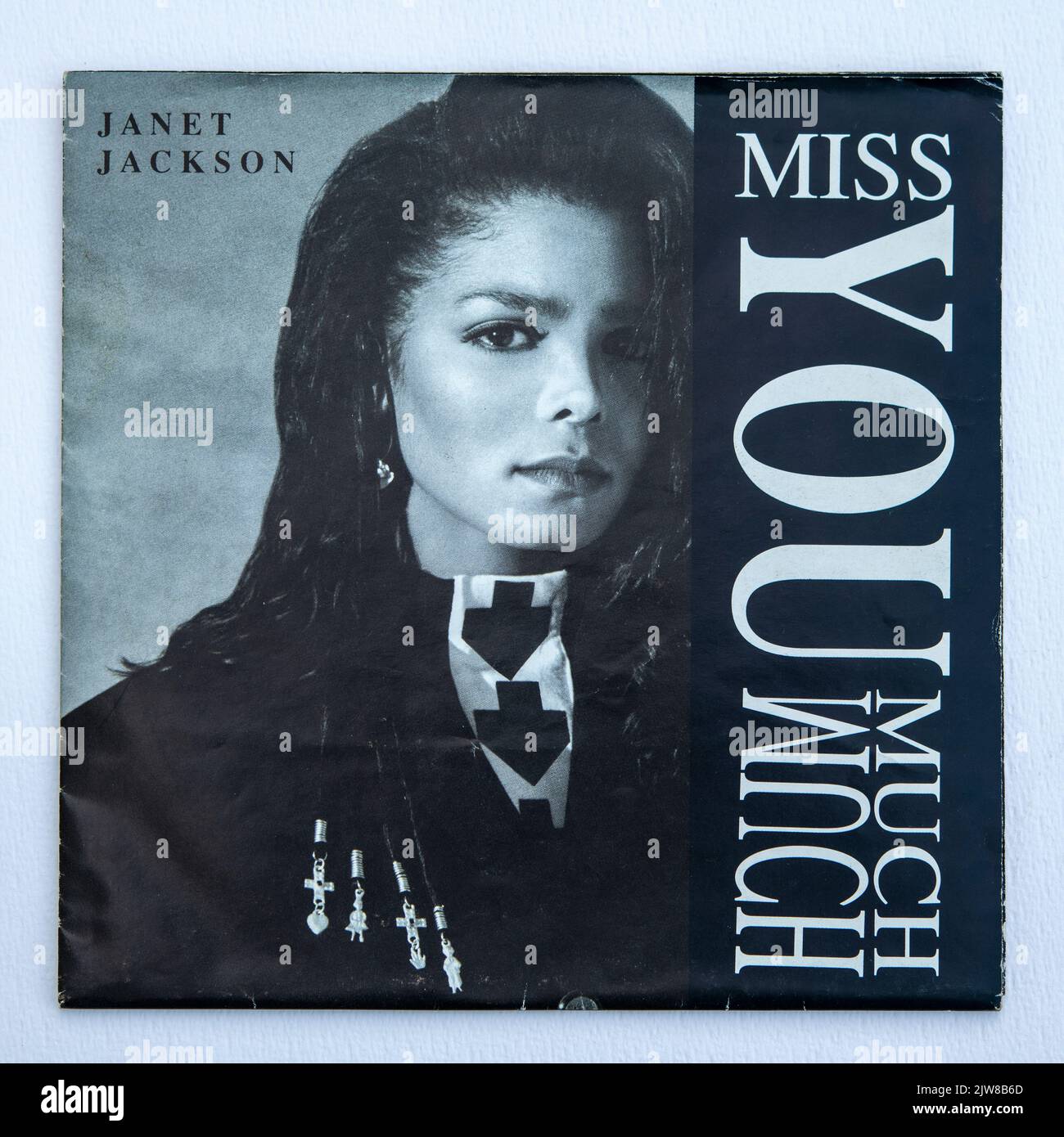 Picture cover of the seven inch single version of Miss You Much by Janet Jackson, which was released in 1989. Stock Photo