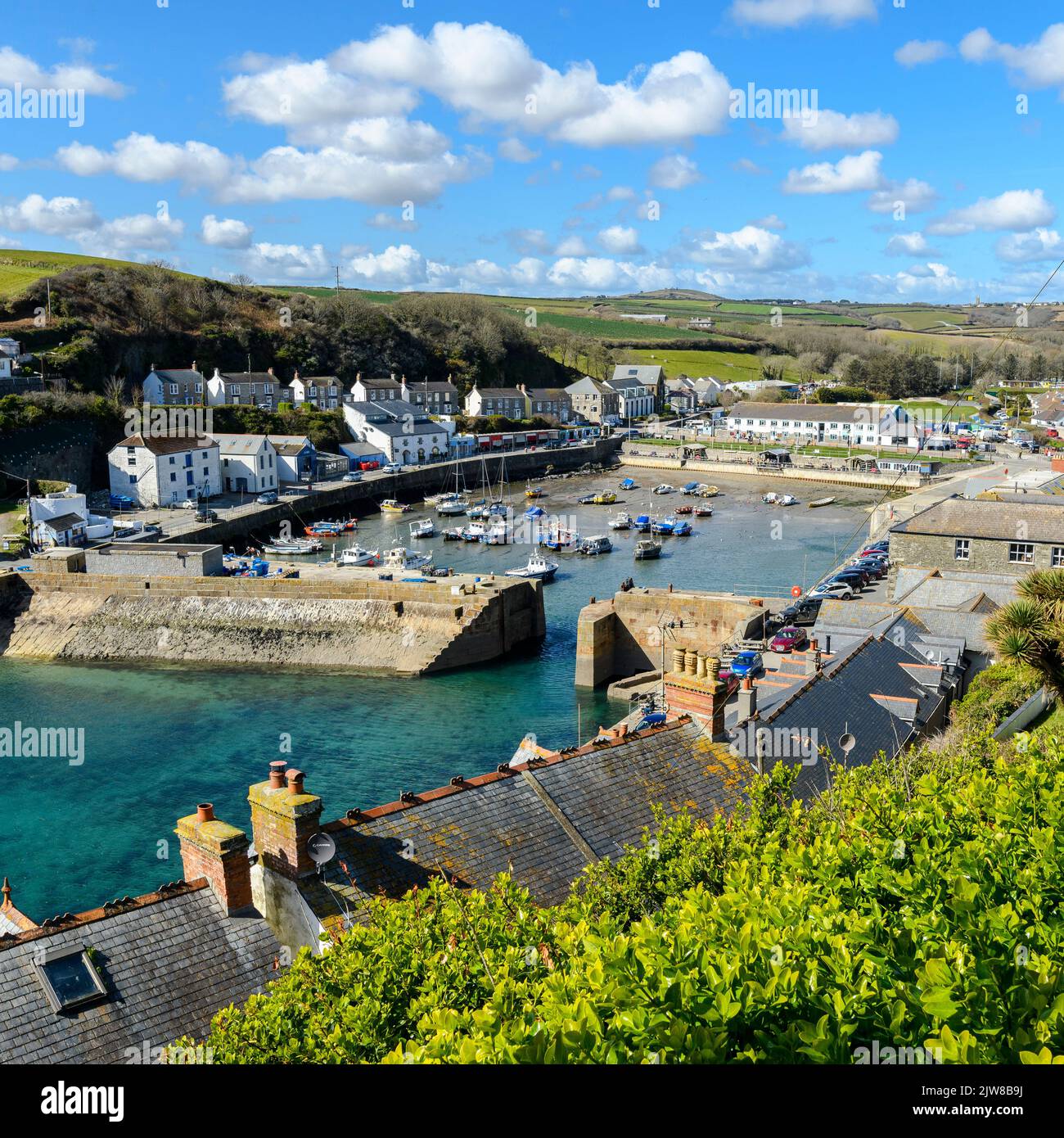 Aerial image of Porthleven harbour when the tides in Stock Photo Alamy