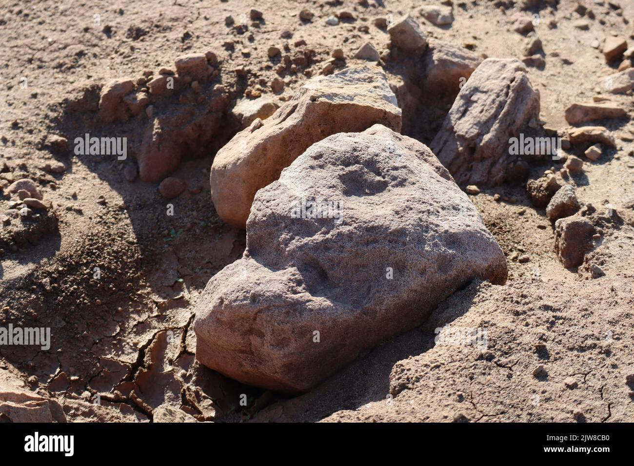 red Sandstone boulder from Excavation work Stock Photo