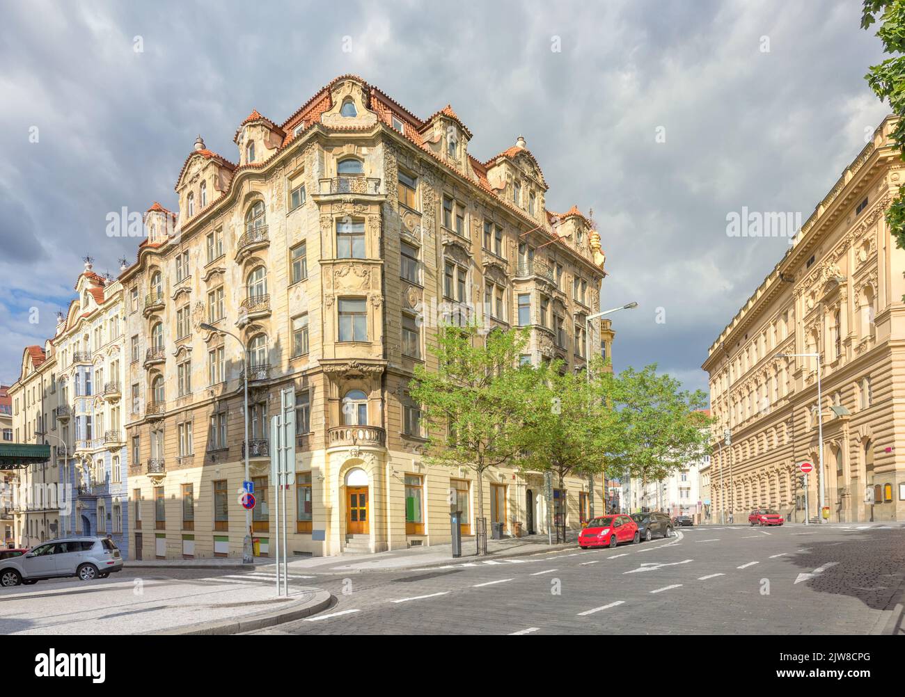 Beautiful old buildings on Peace Square (or Namesti Miru) and Slezska street. Prague, Czech Republic Stock Photo