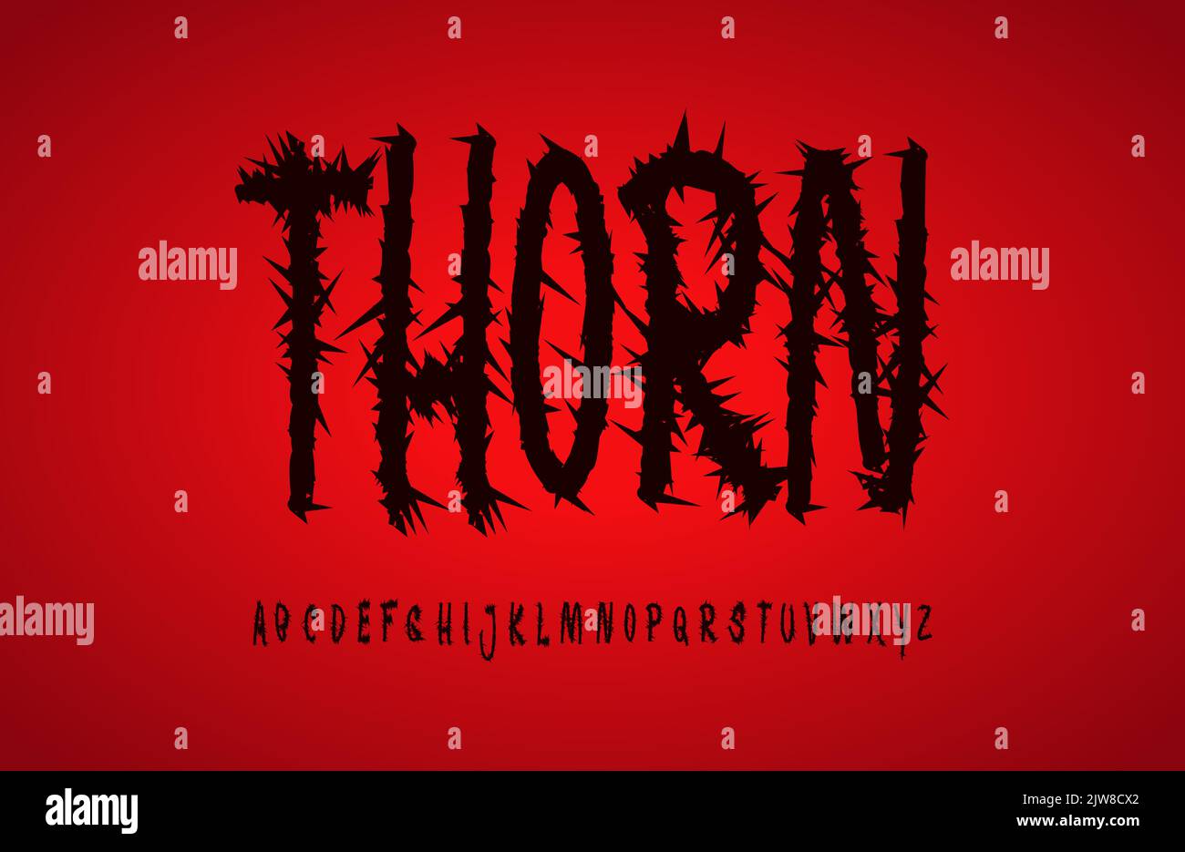 Thorn alphabet. Black ominous letters with thorns like prickly briar branches. Creepy and scary effect font for horror headline and logo, Halloween Stock Vector