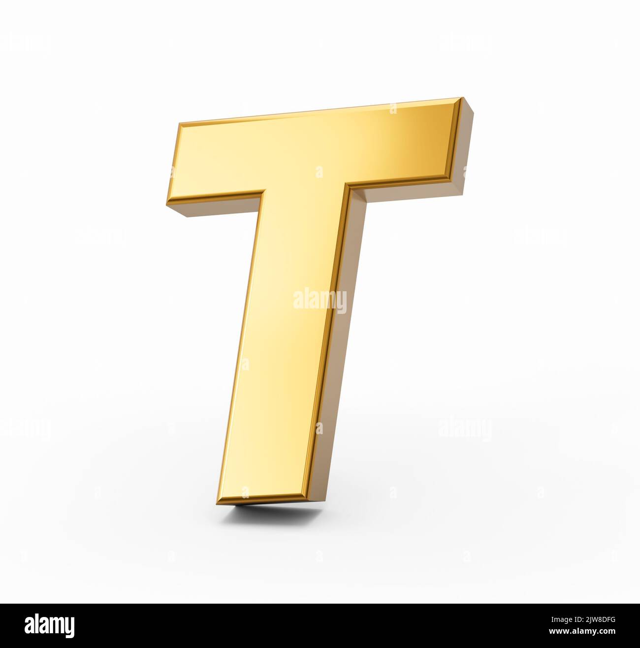 A 3D rendered golden alphabet letter T isolated on white background ...