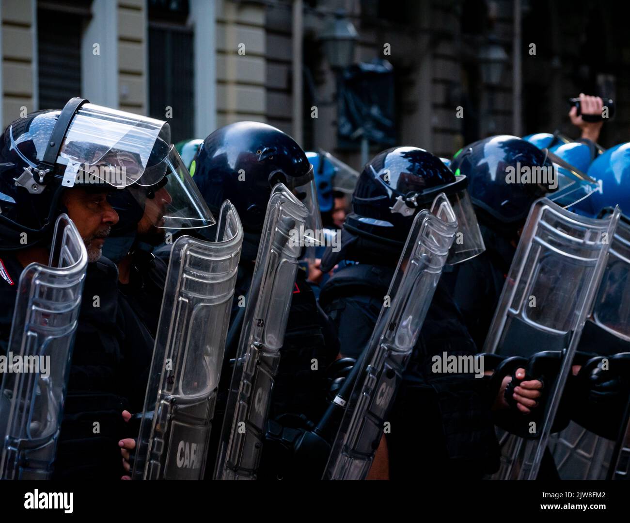 Cagliari, Sardinia, Italy: SEP 22 2022: Carabinieri soldiers with riot shields in Cagliari face security Stock Photo
